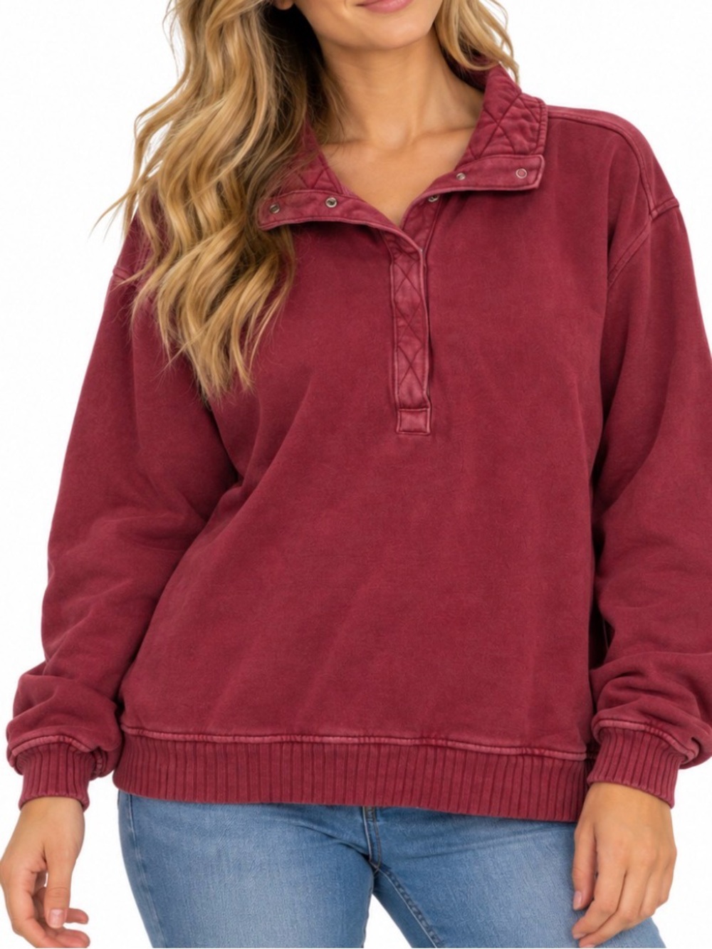 Aerie Women’s Washed Burgundy Oversized Snap Collar Pullover Sweatshirt SZ LG